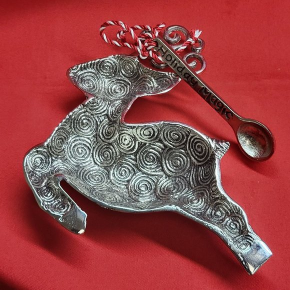 VTG Mud Pie Holiday Magic Reindeer Pewter Dip Salsa Tray & Spoon - Picture 3 of 12